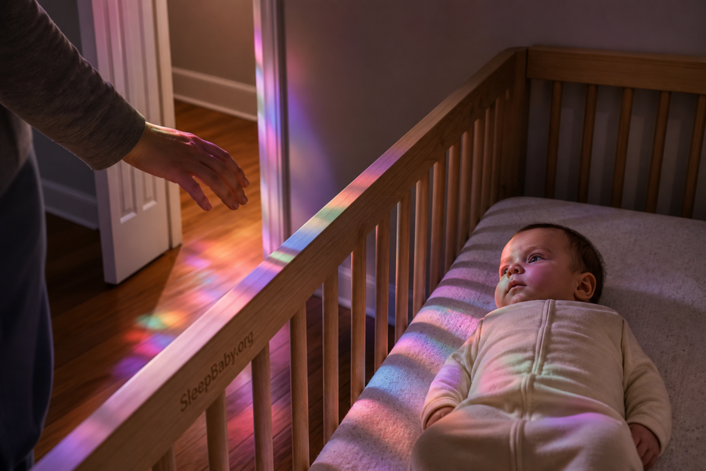 An awake baby follows the caregiver's hand as it lifts away from the crib rail.