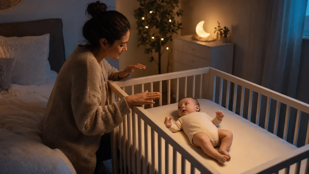 Awake baby lies on their back in a bare crib while a tired caregiver pauses beside the rail in a softly lit nighttime bedroom.