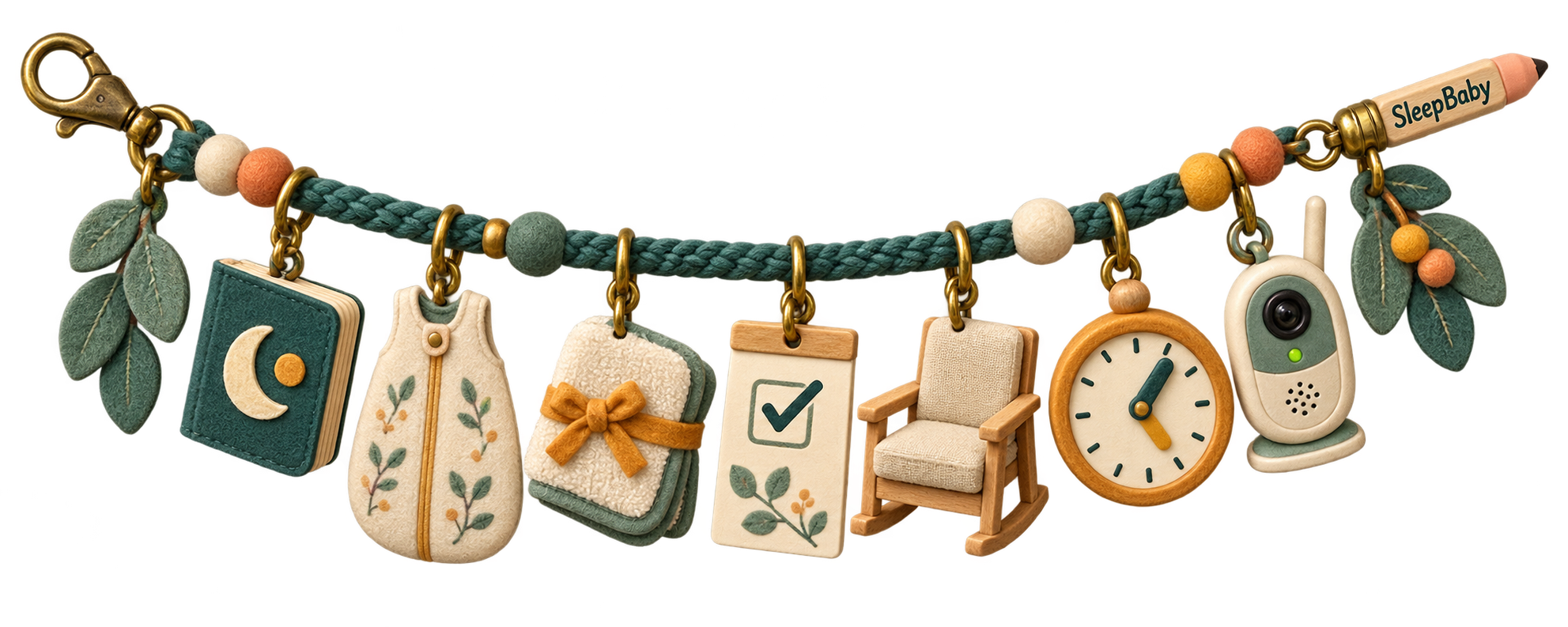 Tactile action ribbon with a moon bedtime book, sleep sack, folded washcloth, checked response card, caregiver chair, analog clock, baby monitor, and a SleepBaby pencil clasp.