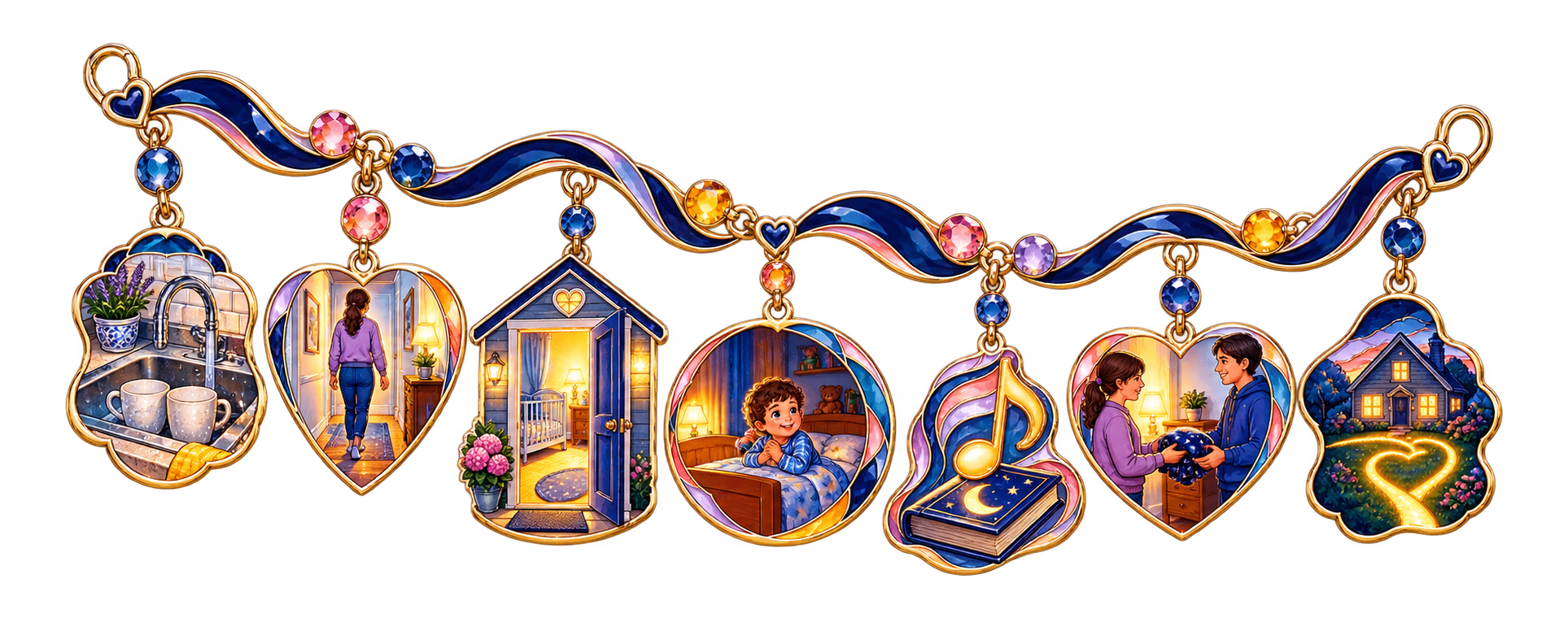 A homeward charm strand traces the cups, hallway return, open bedroom, awake toddler, song, handoff and glowing home.
