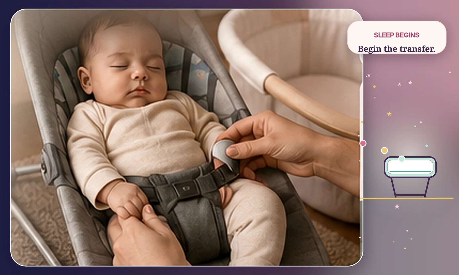 Caregiver hands unfasten a sleeping baby in a floor-level bouncer beside an empty bare bassinet prepared for transfer