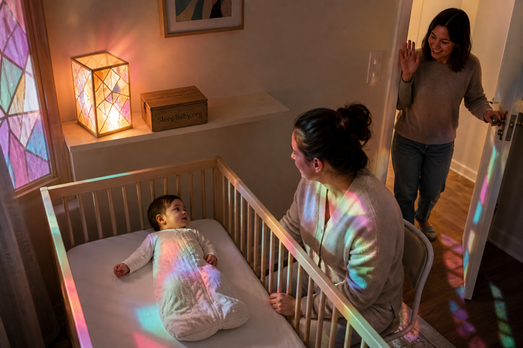 One caregiver continues the familiar song beside the crib while the other leaves with a clear goodbye.