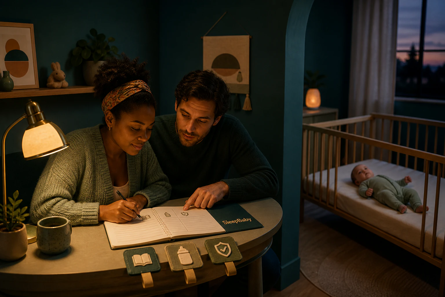 Two caregivers write one shared bedtime response and feeding plan on a SleepBaby notebook while their awake baby lies safely on their back in a bare crib nearby.