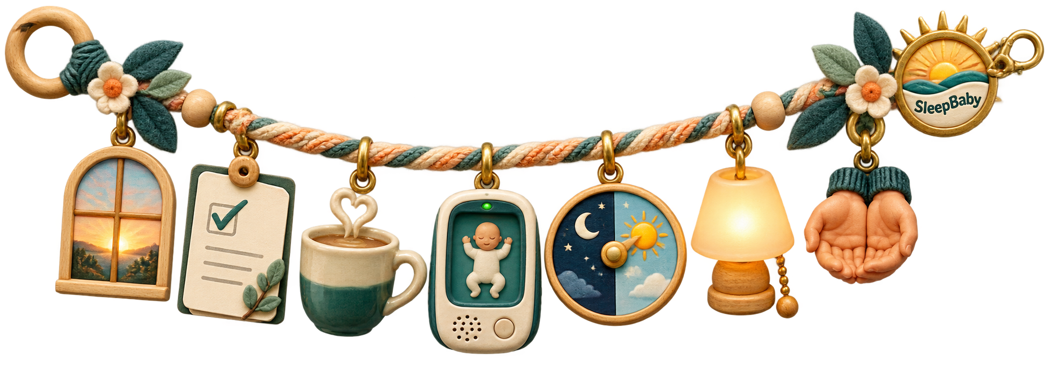 Tactile relief ribbon with a dawn window, checked plan, warm mug, back-sleep baby monitor, moon-to-sun wheel, soft lamp, open caregiver hands, and a SleepBaby sunrise clasp.
