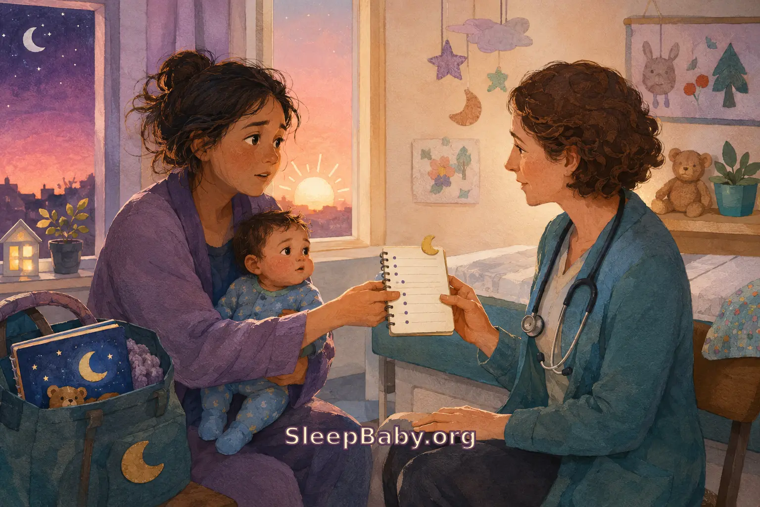 Warm dawn illustration of a caregiver handing a small nighttime sleep-and-feeding log to a pediatric clinician while an alert baby in pajamas is held safely nearby; a moon-shaped bedtime clip and glowing bedside clock connect the visit to the night before.