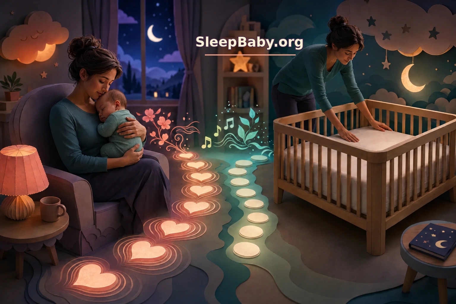 Layered illustration of an awake caregiver holding a sleepy baby beside a bare crib, connected by glowing heartbeat and stepping-stone paths in a moonlit nursery.