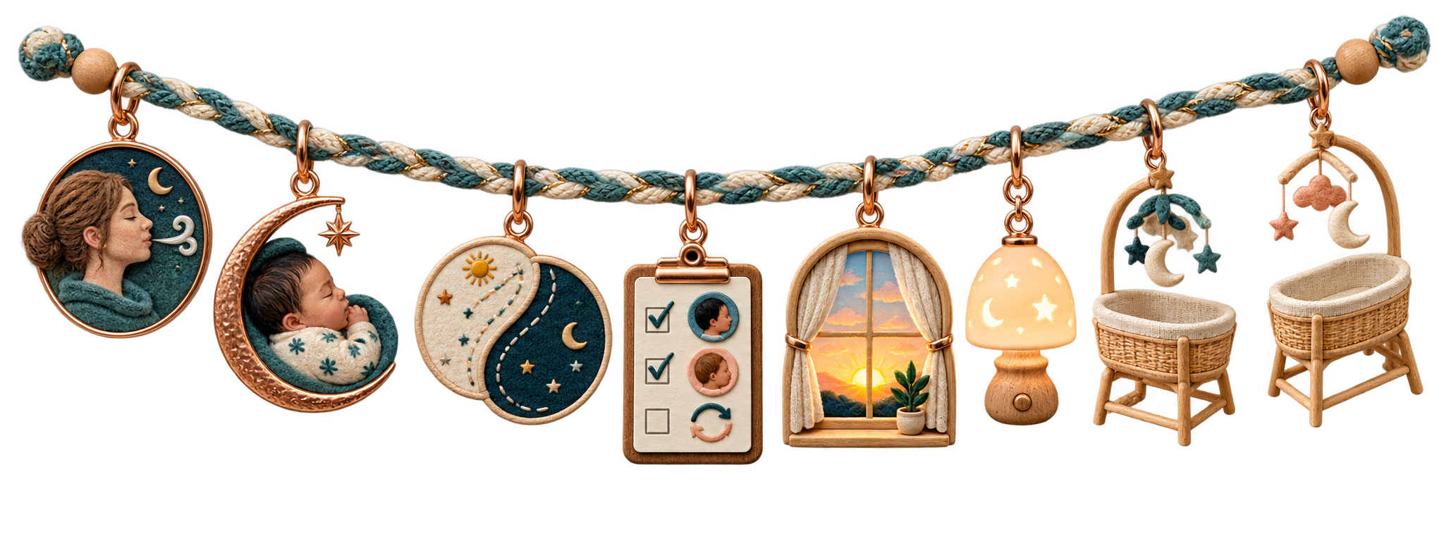 Moonlit charm strand with a relieved caregiver, two distinct sleeping cameos, joined but separate paths, a checked handoff card, dawn window, nightlight, and separate bassinets.