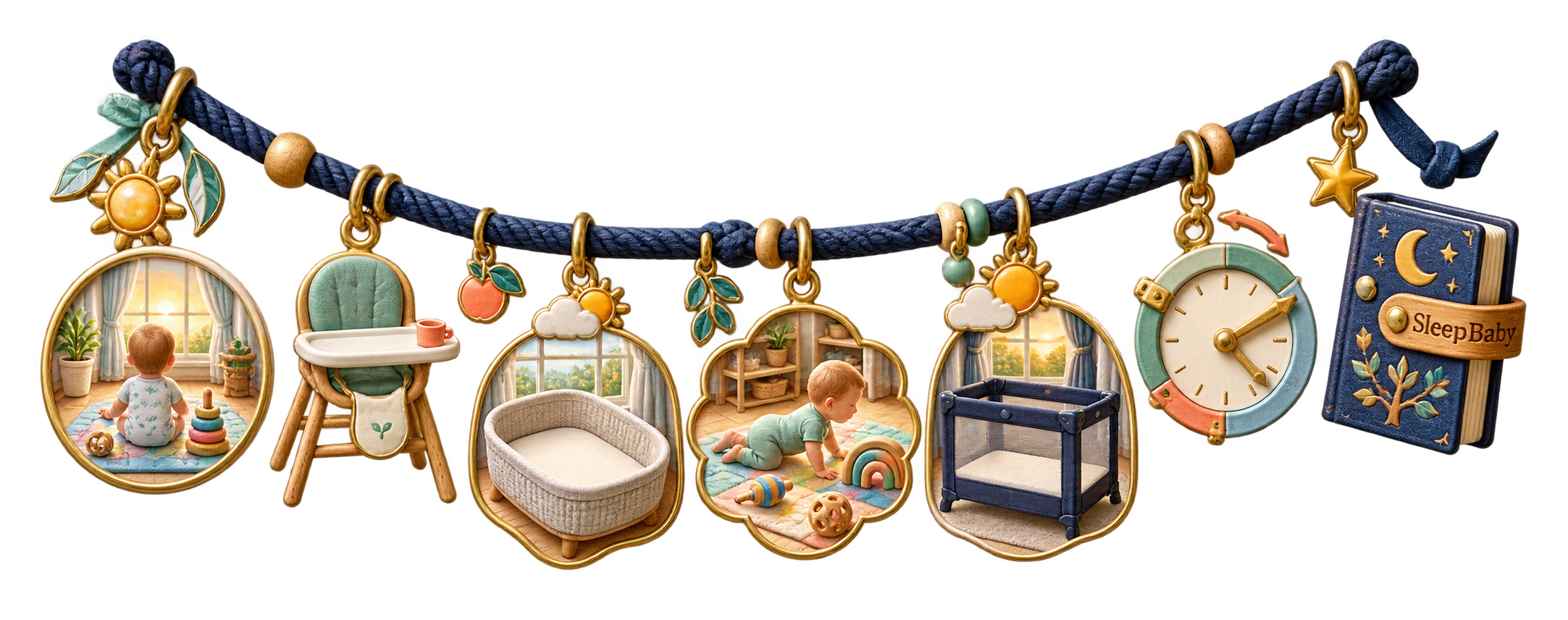 An awake baby begins the day beside breakfast, two bare nap spaces, playtime, a clock, and a SleepBaby bedtime book on a woven strand