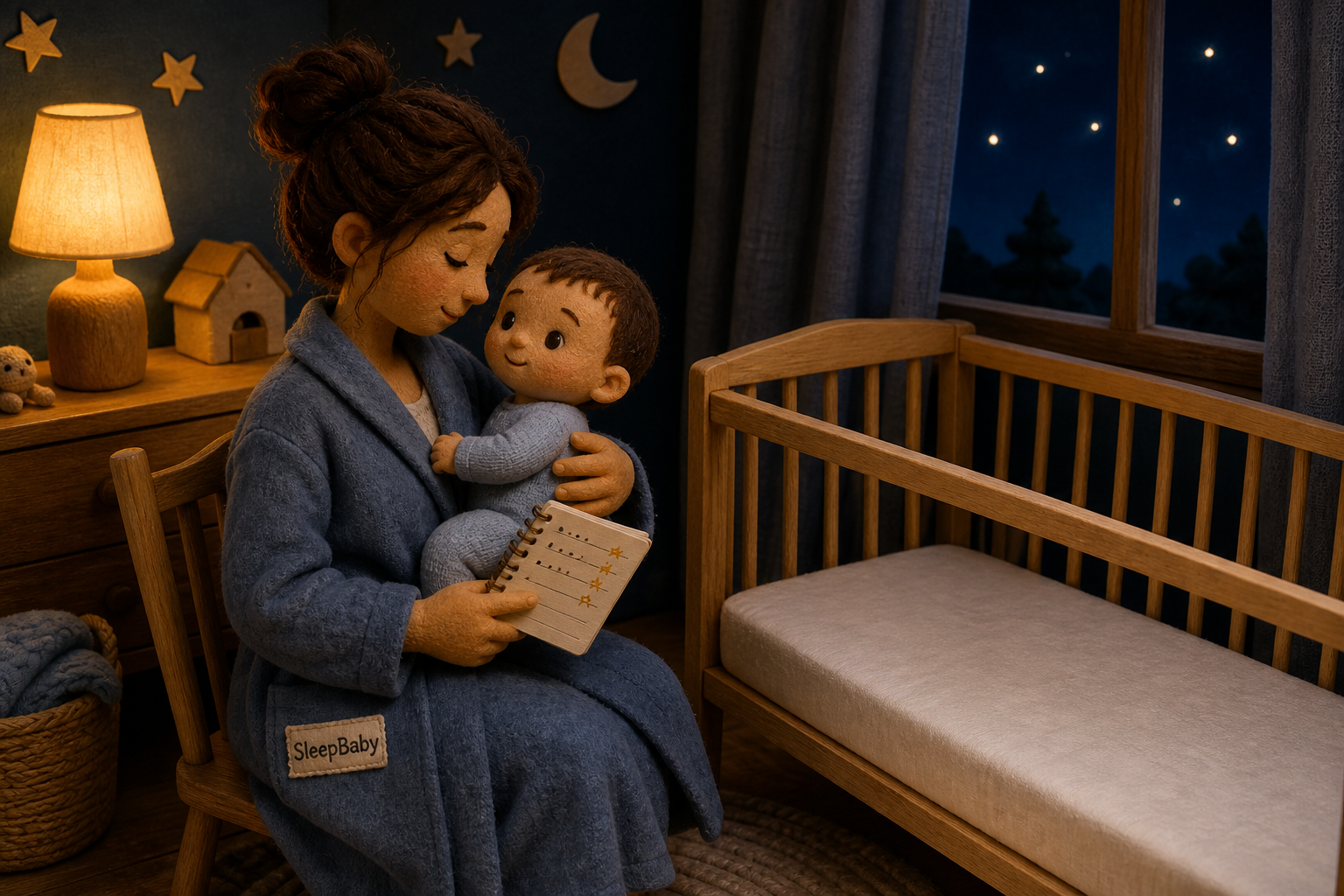 Caregiver holds an awake baby beside an empty crib during a calm evening wind-down