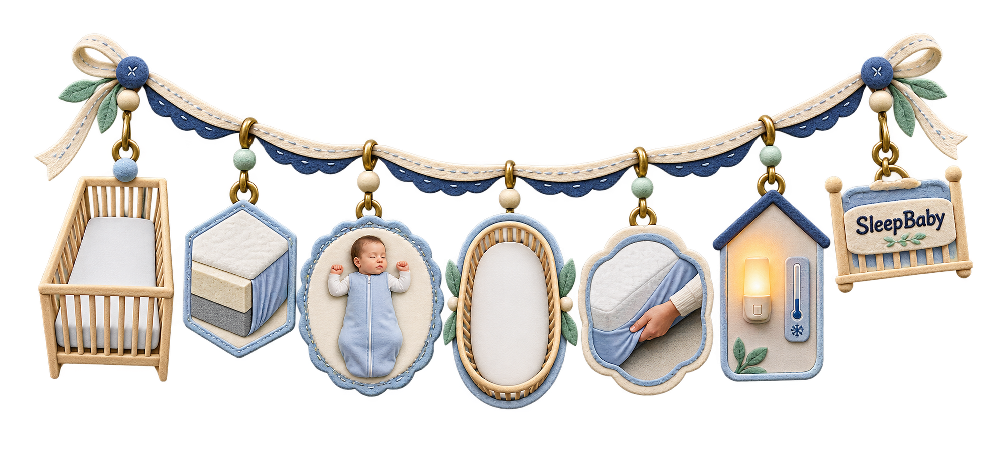 A felt safe-sleep strand shows a bare crib, firm mattress, back-sleeping baby in a sleep sack, empty sleep space, snug sheet, nightlight, and SleepBaby crib rail
