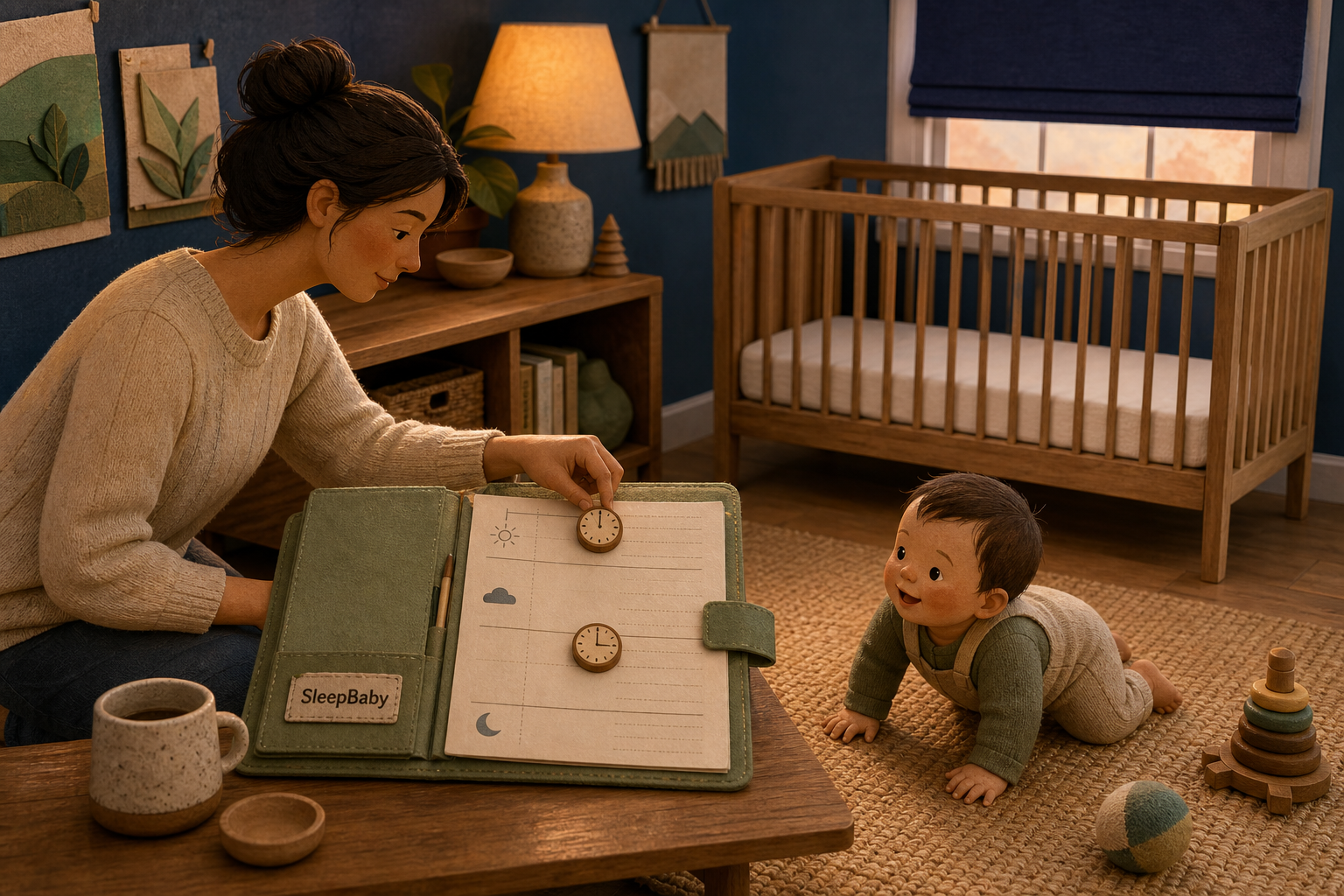 Caregiver adjusts a flexible daytime plan while an awake baby plays near an empty crib