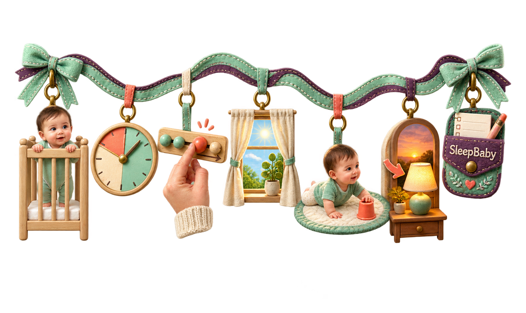 A stitched strand shows an awake baby after a nap, a clock, one moved timeline bead, open curtains, playtime, a sunset lamp, and a SleepBaby sleep-log pocket