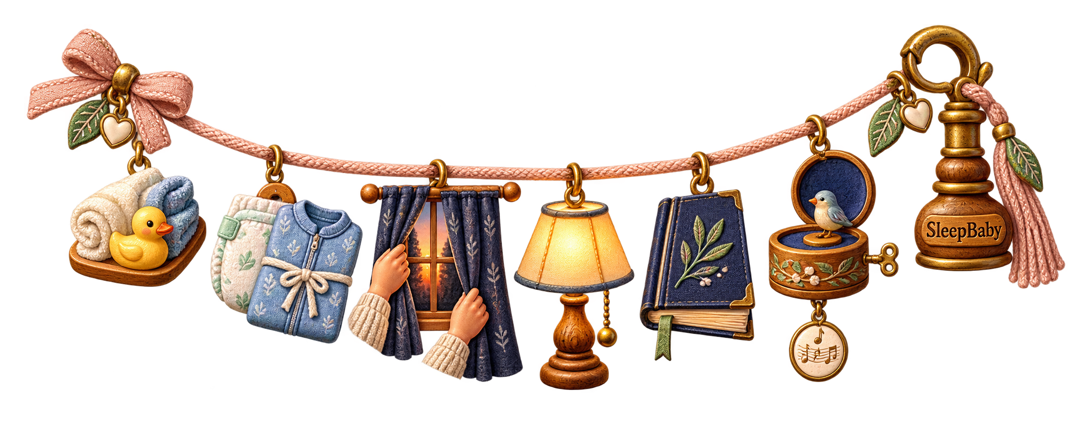 A bedtime strand shows bath items, diaper and pajamas, closing curtains, a dim lamp, bedtime book, music box, and a SleepBaby lamp base