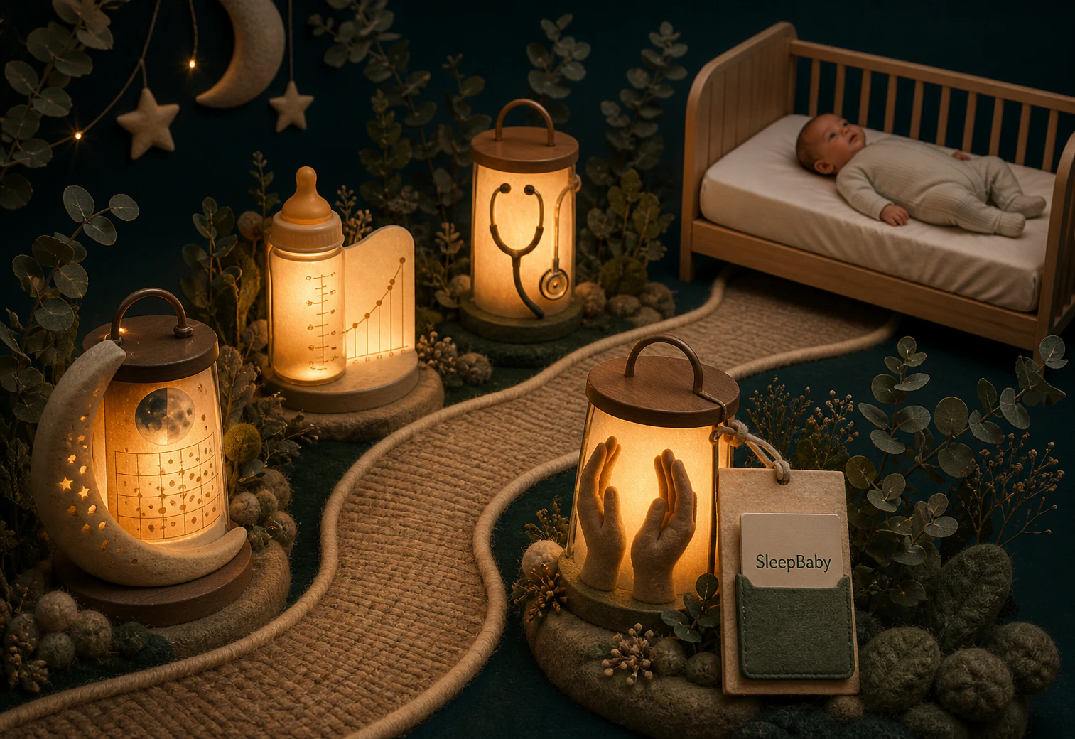 Four glowing tactile lanterns for age, feeding and growth, health and comfort, and a caregiver plan converge toward one bare safe crib; SleepBaby appears on the plan lantern.