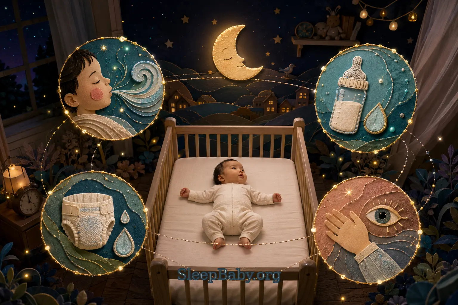 Luminous editorial illustration of an awake baby lying safely on the back in an empty crib, surrounded by four distinct nighttime observation windows showing comfortable breathing, a feeding bottle, a wet diaper marker, and an alert caregiver response; a dim clock sits outside the orbit.