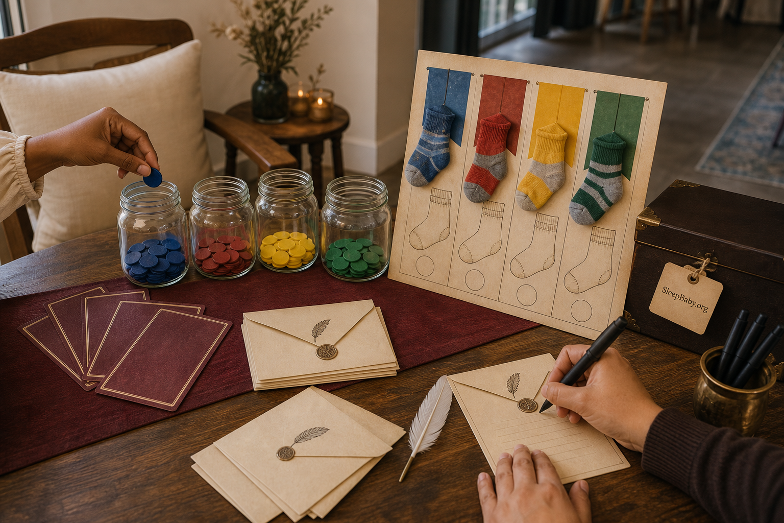Inclusive Harry Potter baby shower game table with four sorting-token jars, house-color baby socks, large cards, cream wishes envelopes, seated adult hands, pens, and a closed keepsake box