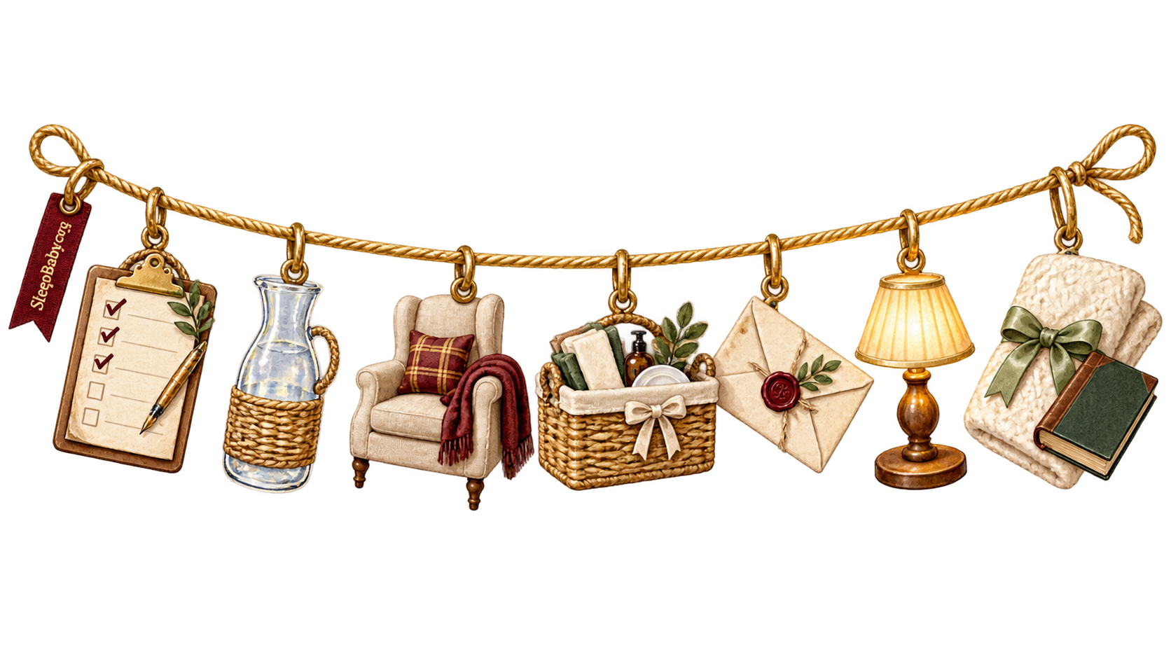 Transparent charm strand with checked party list, water carafe, supportive chair, cleanup basket, sealed thank-you envelope, warm table lamp, folded cream blanket, and closed bedtime book