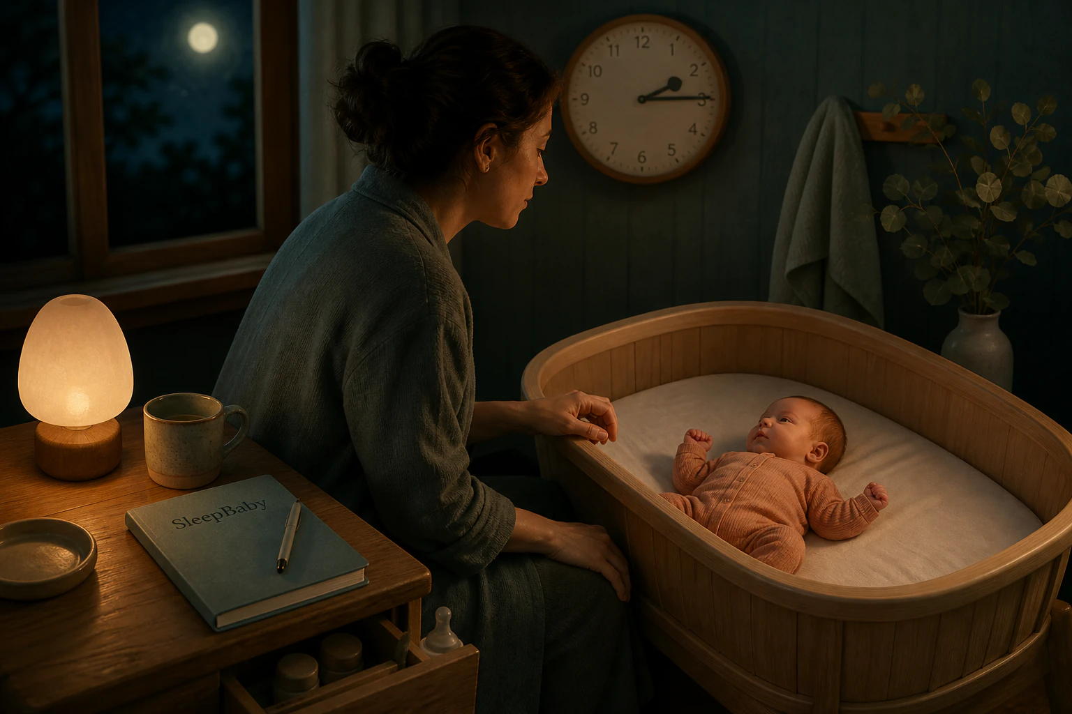 At night, a caregiver responds to a newborn's feeding cue beside a separate bare bassinet, with a dim SleepBaby feeding log on the table.