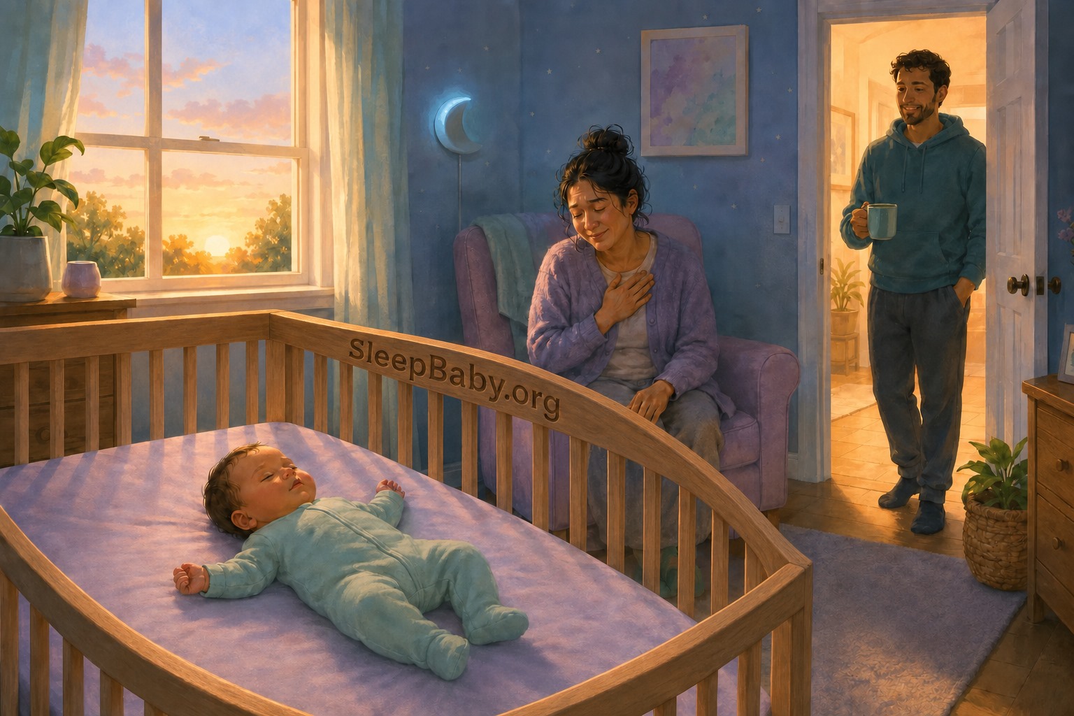 Illustrated baby sleeping on their back in a bare crib at dawn while an awake caregiver sits nearby and another adult offers a mug from the doorway.