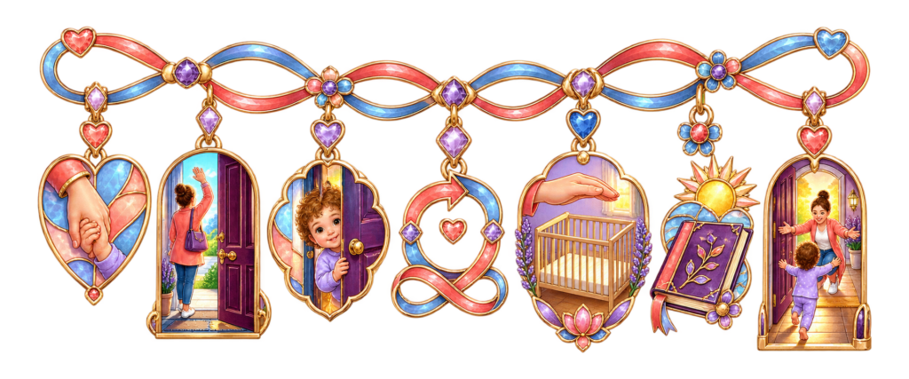 A linked charm strand moves from held hands and a clear goodbye through an empty crib and a visible return.