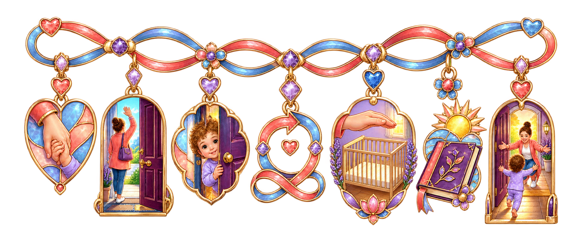 A linked charm strand moves from held hands and a clear goodbye through an empty crib and a visible return.