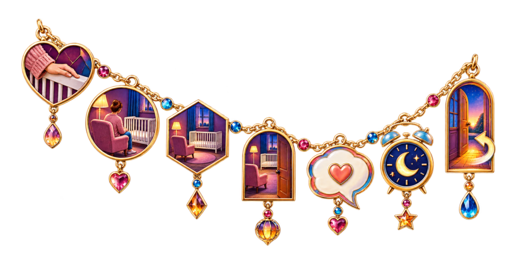 A stepped charm strand moves the still hand and chair gradually toward the doorway and return cue.