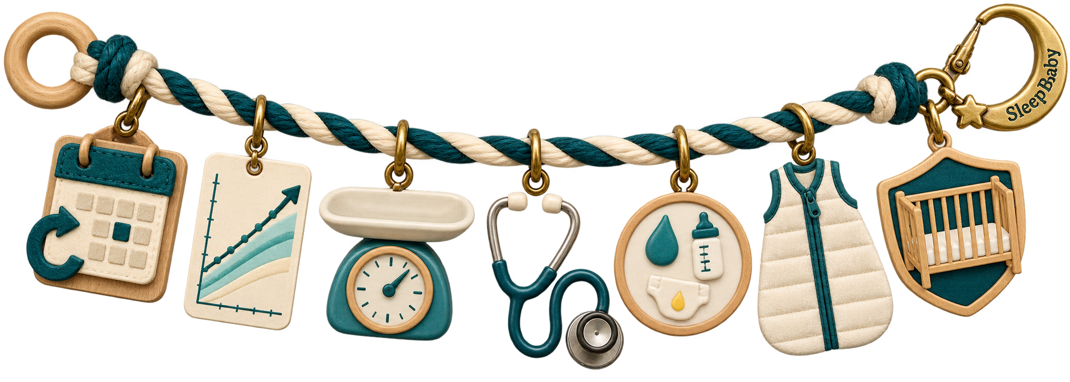 Tactile readiness ribbon with a corrected-age calendar, growth chart, empty baby scale, stethoscope, feeding-output token, sleep sack, bare-crib safety shield, and a SleepBaby moon clasp.