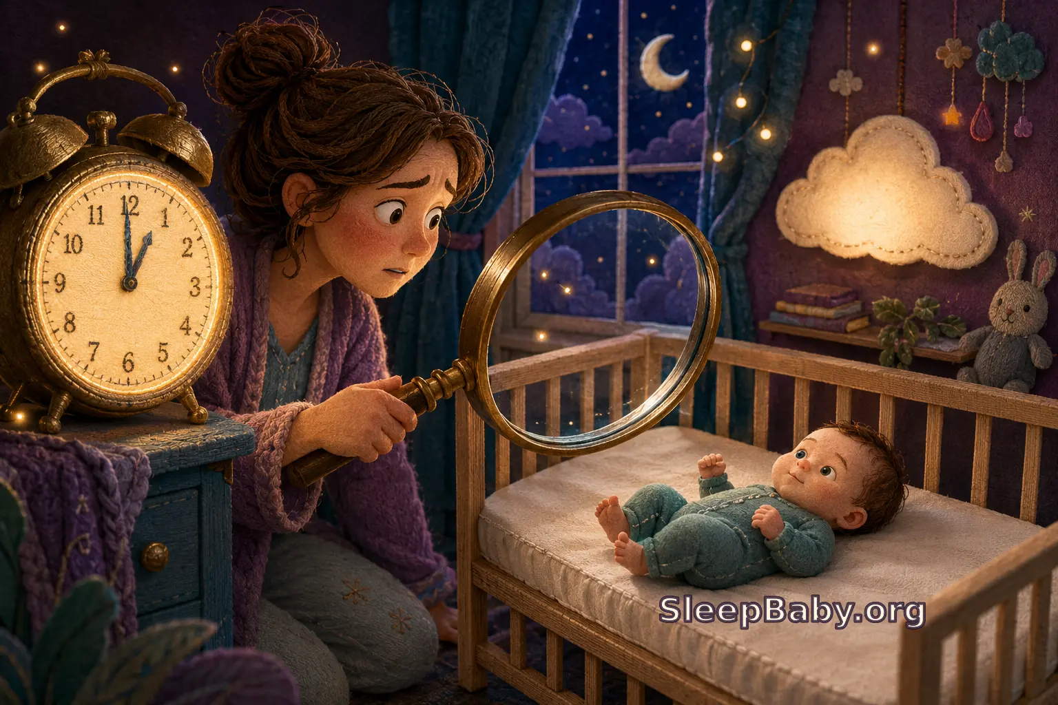 Illustrated nighttime scene of an alert caregiver comparing a large glowing clock with an awake baby lying on the back in a bare crib, while a magnifying glass shifts attention from the clock toward the baby’s face and breathing.
