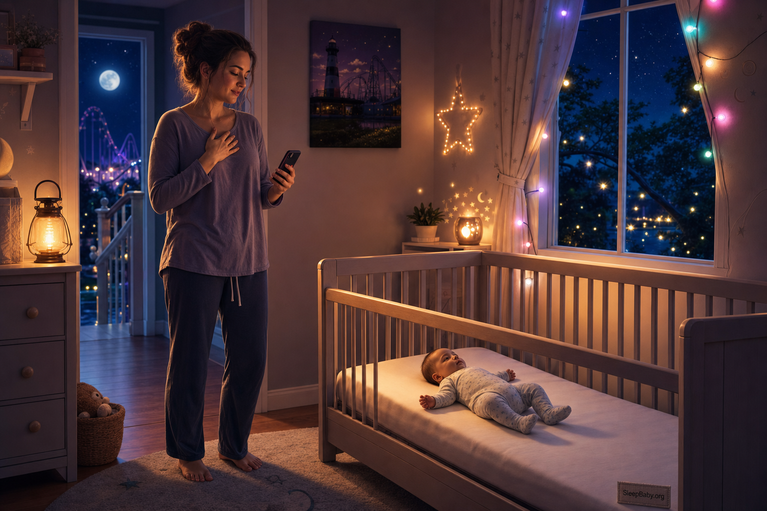 Luminous nighttime illustration of an exhausted caregiver standing a safe distance from an awake baby lying on the back in an empty crib, one hand calming her breathing while the other holds a phone to call for help.