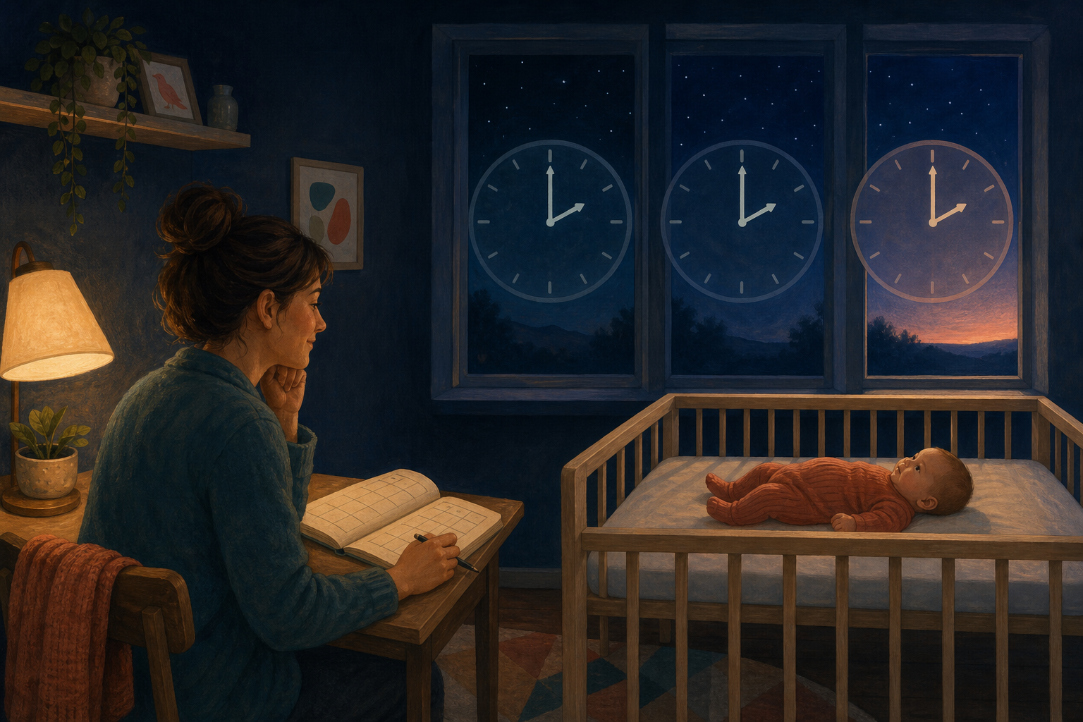 A caregiver records a night-waking pattern beside an awake baby in a clear crib while three clock halos show the same hand position.