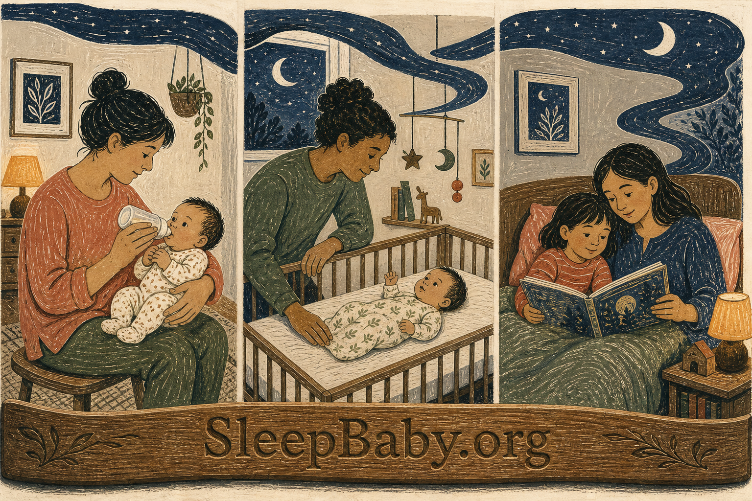 Three connected night scenes show responsive feeding for a young infant, a calm clear-crib check for an older baby, and a bedtime routine for an older child.