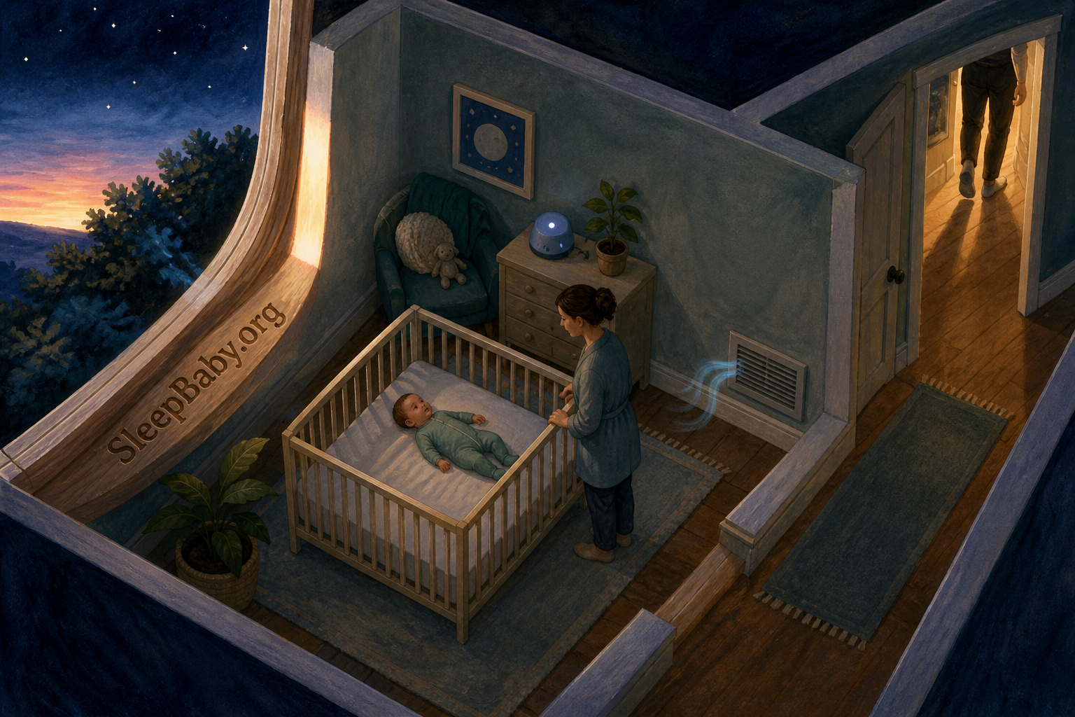 An isometric nursery view shows dawn light, an air vent, timed sound, and hallway movement converging near an awake baby in a clear crib.