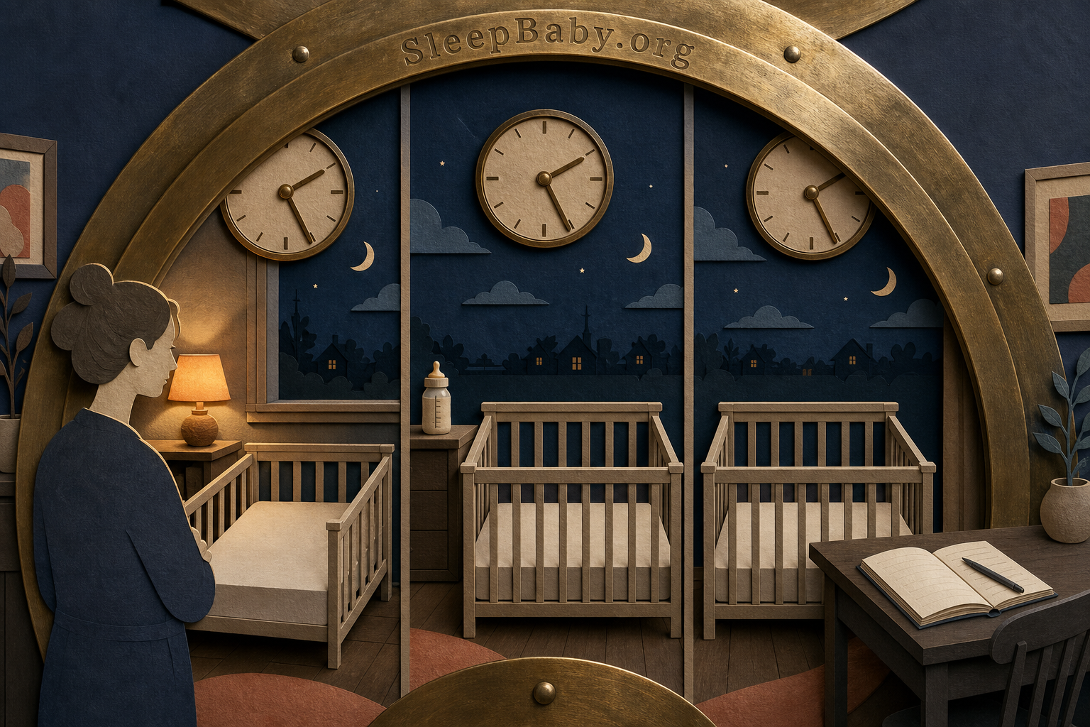 Three connected night scenes repeat the same clock-hand position while bedtime, feeding, and a caregiver's notes shift around it.