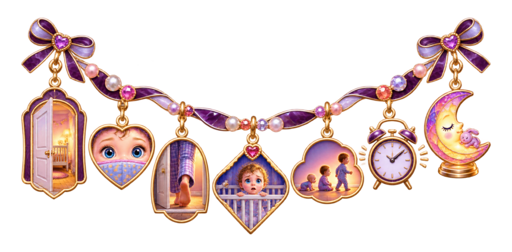 A recognition charm strand follows the doorway, alert eyes, caregiver step, crib, age stages, clock and crescent light.