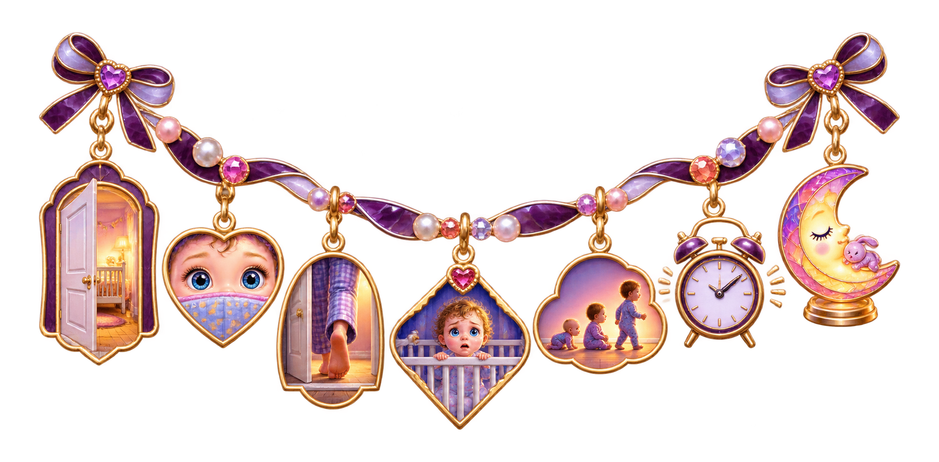 A recognition charm strand follows the doorway, alert eyes, caregiver step, crib, age stages, clock and crescent light.