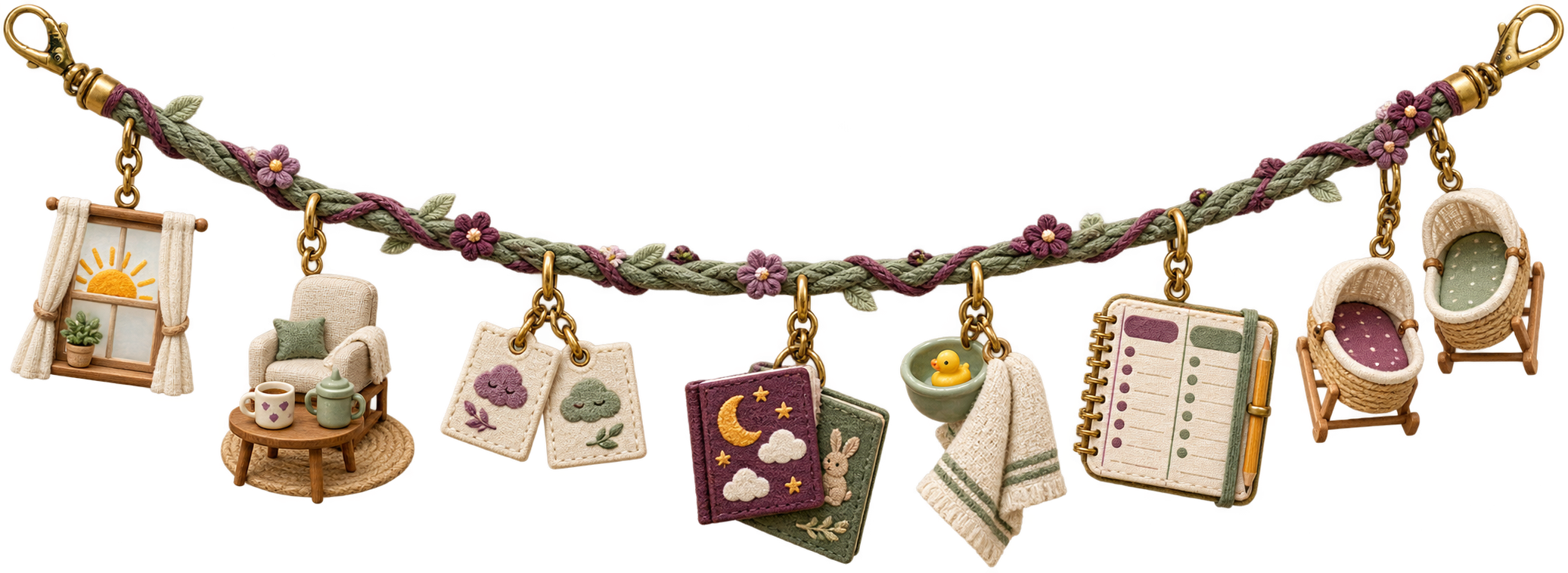 Sage charm strand with a morning sun, tandem feeding station, separate nap cards, two bedtime books, a wash bowl, a two-column log, and separate bassinets.
