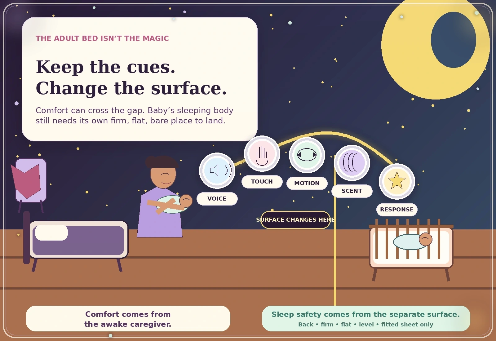 Night illustration with an awake caregiver holding a baby, an adult bed, five labeled cue medallions crossing a gold bridge, a vertical surface boundary, and a baby on their back in a separate bare crib.