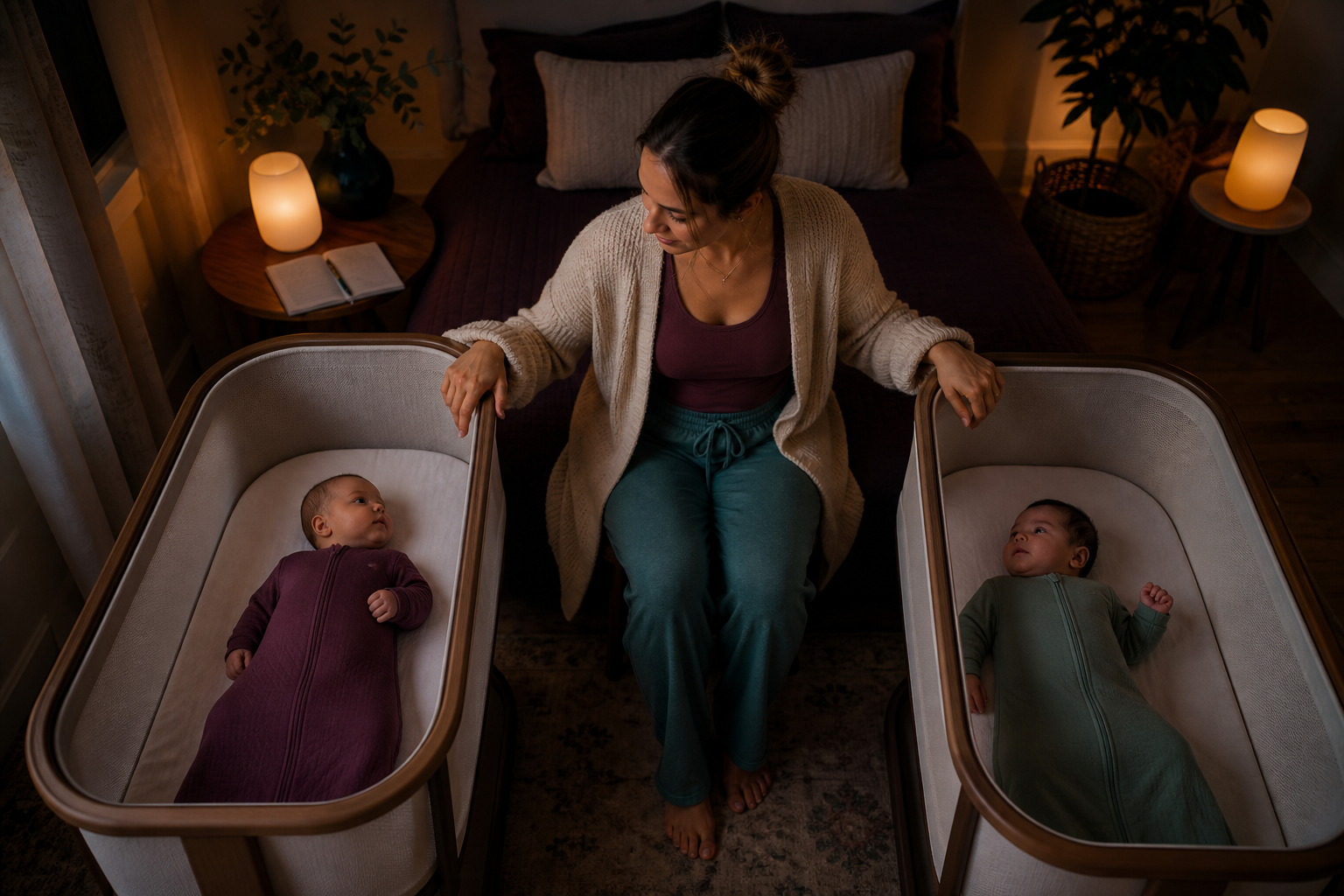 Caregiver sits between two twins lying on their backs in separate bare bassinets at dusk.