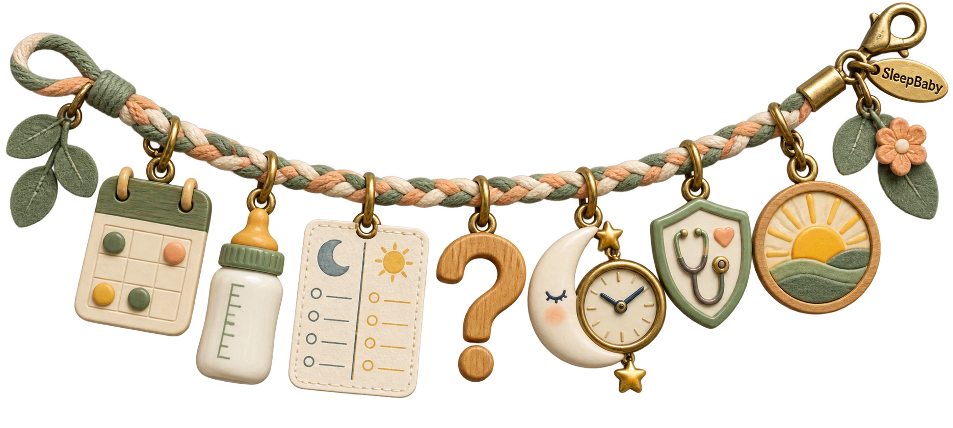 Tactile sleep-training ribbon with a four-dot calendar, feeding bottle, blank moon-and-sun sleep log, question charm, moon clock, clinician shield, sunrise token, and a SleepBaby clasp.