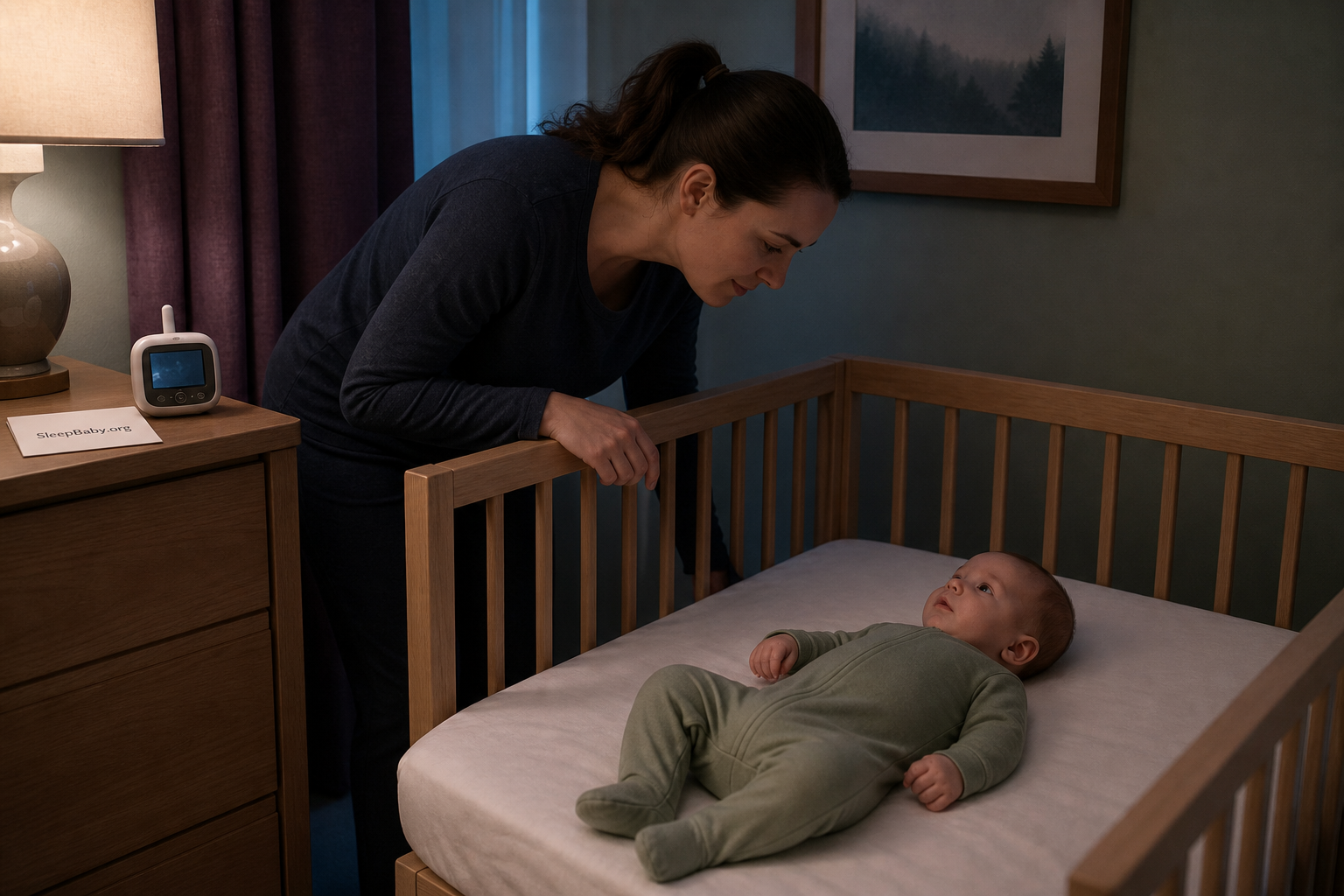 Caregiver directly checks an awake baby lying on their back in an empty crib, with a video monitor set on a separate dresser.