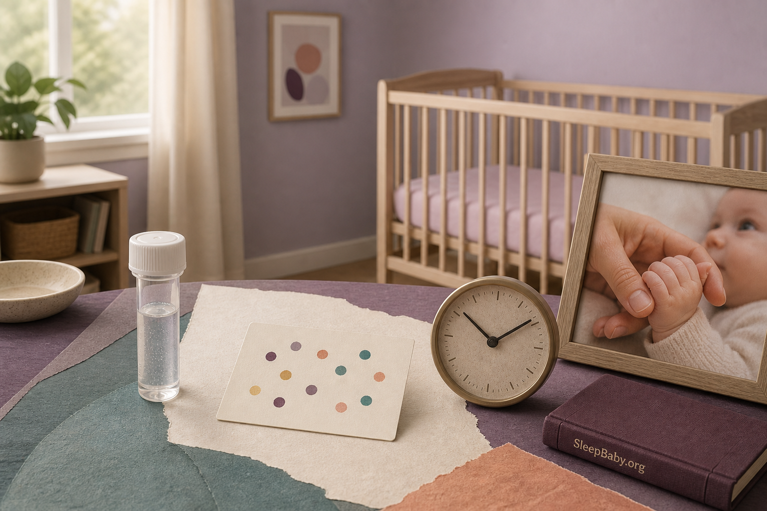 Capped saliva sample, varied data points, clock, and a photo of a baby holding a caregiver’s finger beside a firm, flat, empty crib.