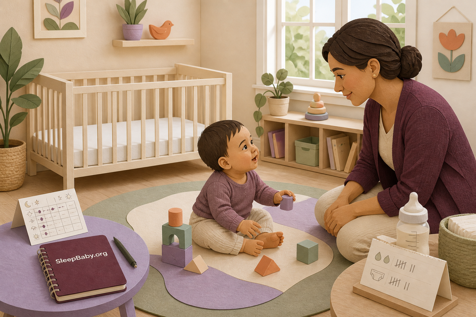 Awake baby makes eye contact with a caregiver during floor play while a firm, flat, empty crib remains visible behind them.