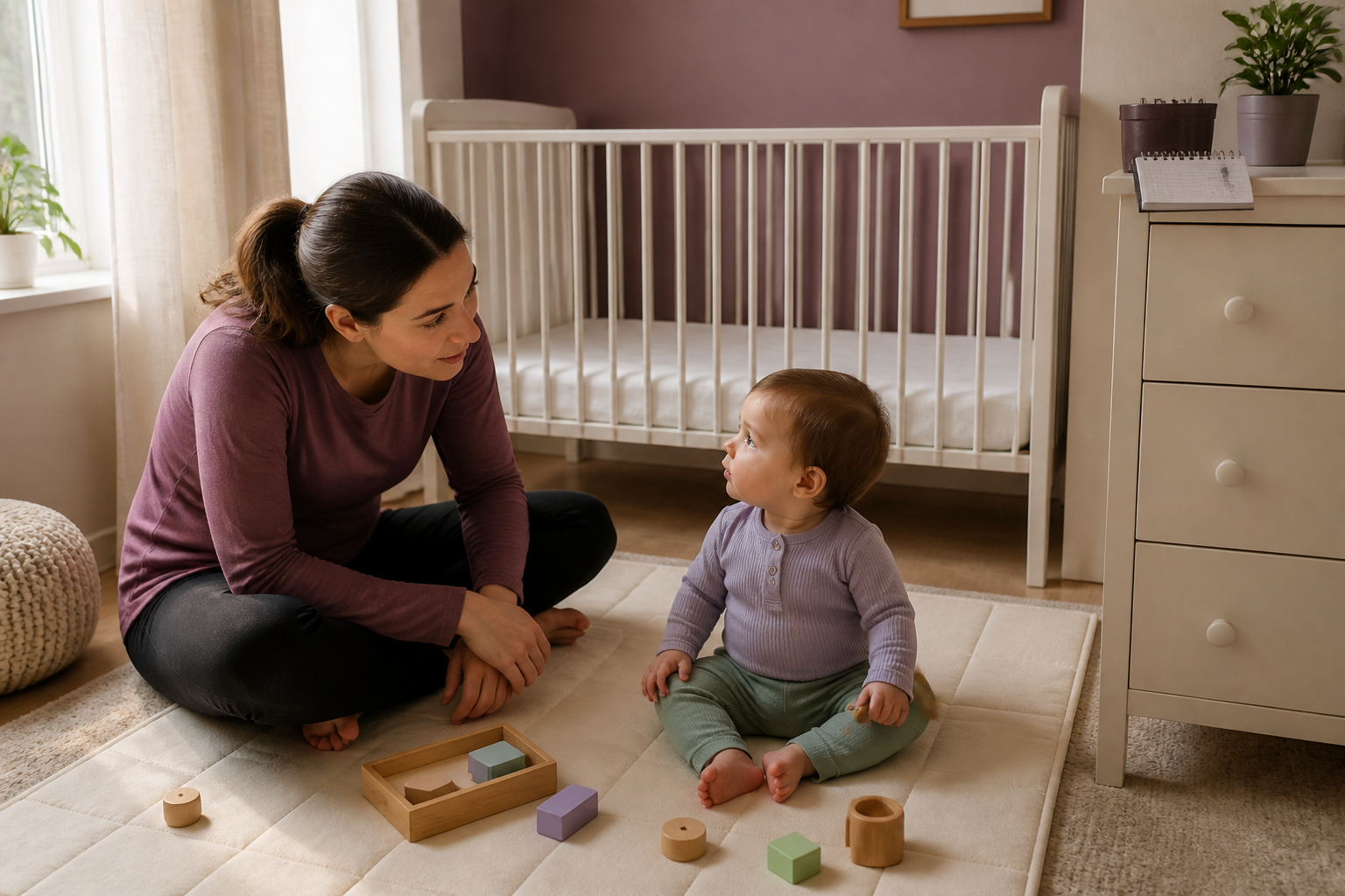 Parent watches an awake, alert baby during morning floor play with a firm, flat, empty crib behind them.