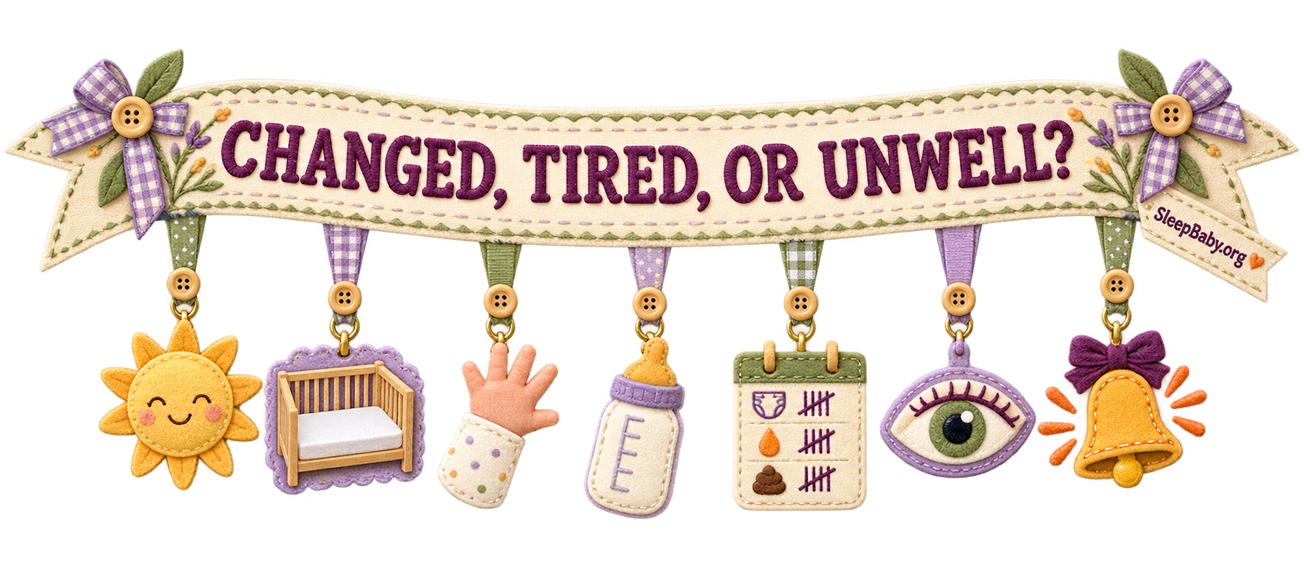 Cream charm ribbon reading Changed, tired, or unwell?, with seven topic icons including an empty crib.