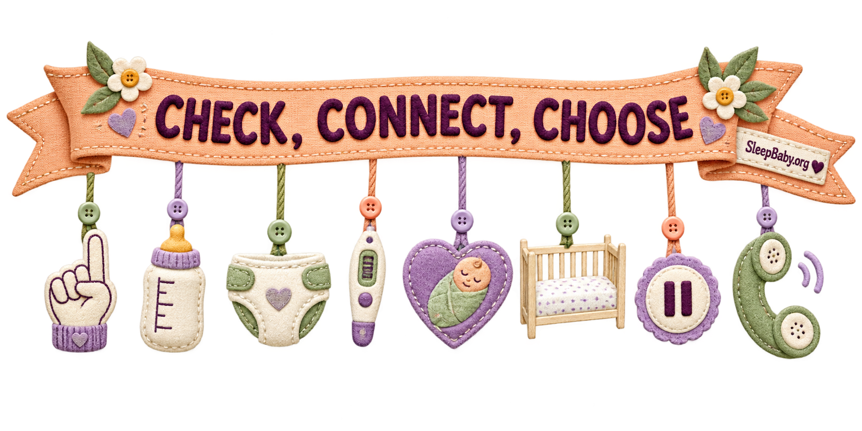 Apricot charm ribbon reading Check, connect, choose, with eight tonight-plan icons including an empty crib.