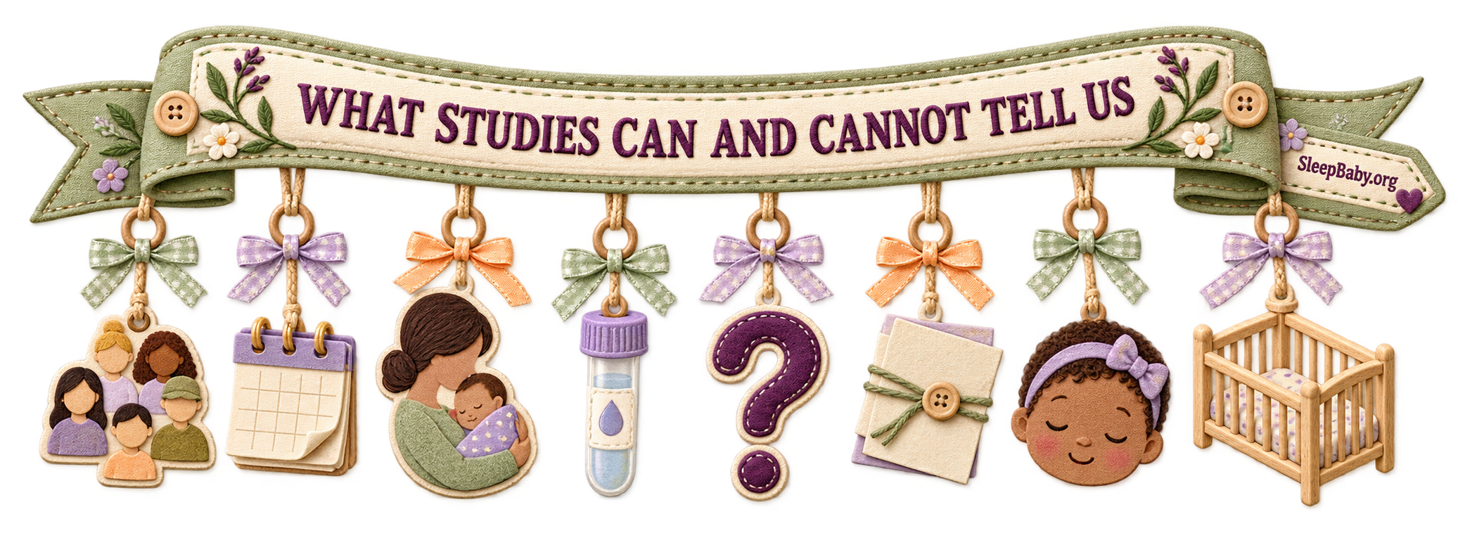 Sage charm ribbon reading What studies can and cannot tell us, with eight research icons and an empty crib.