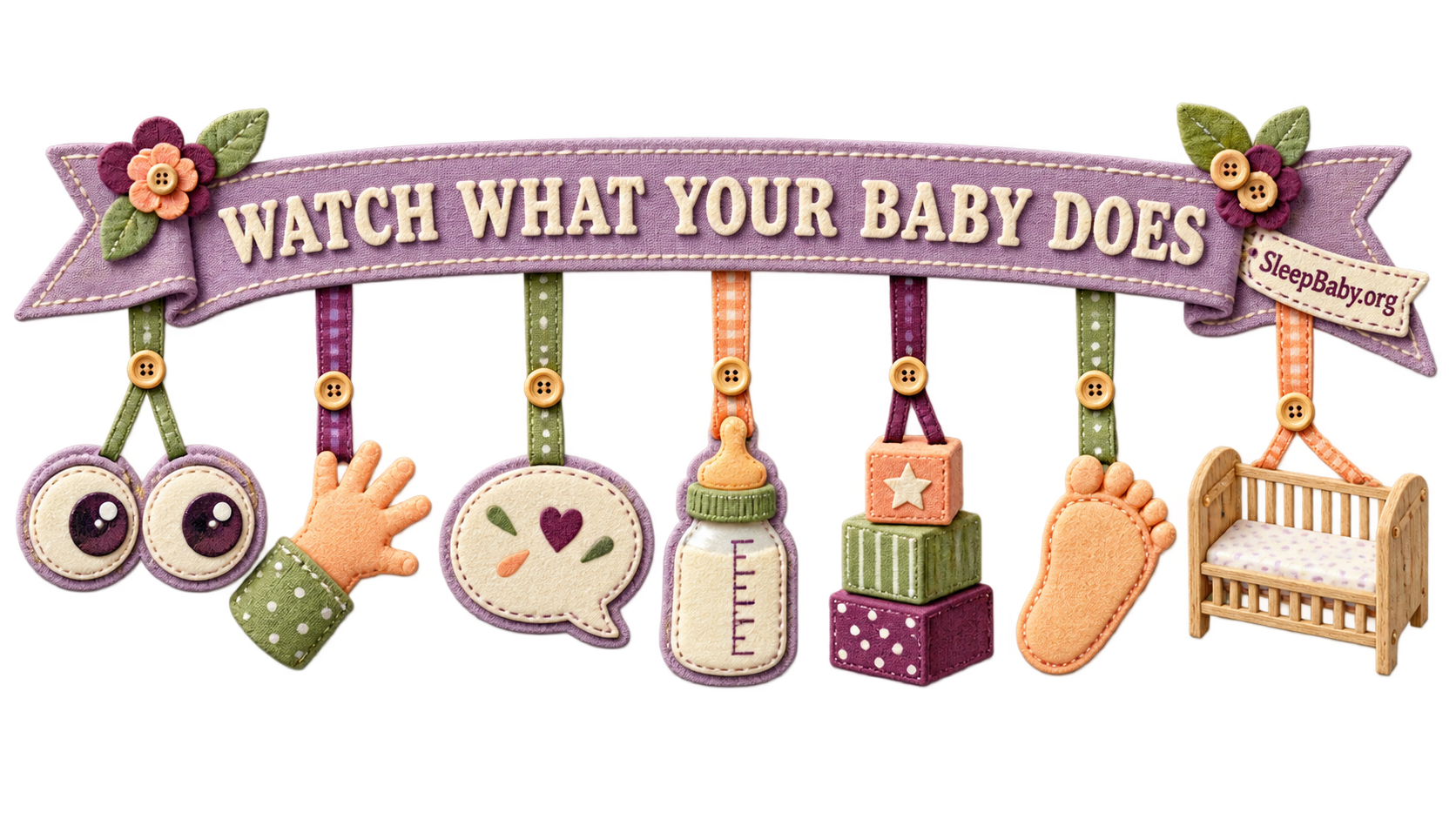 Lilac charm ribbon reading Watch what your baby does, with seven observation icons and an empty crib.