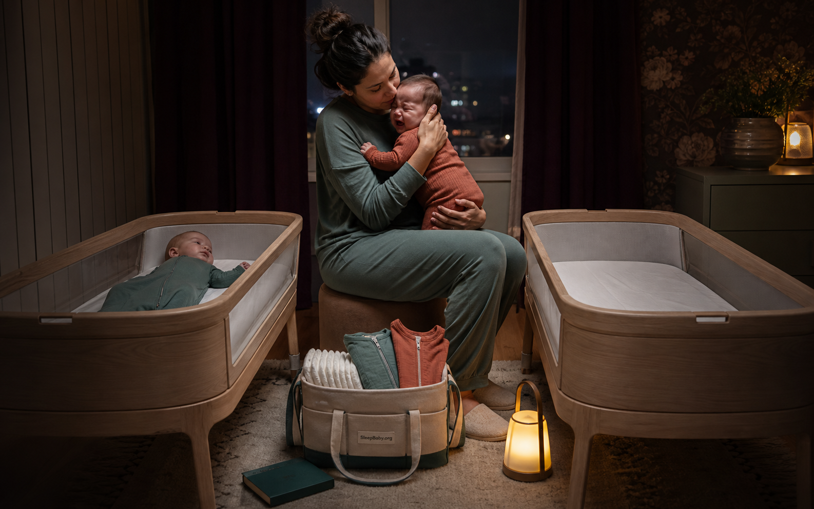 Caregiver holds a fussing twin while the other lies on their back in a separate bare bassinet and a second empty bassinet waits nearby.