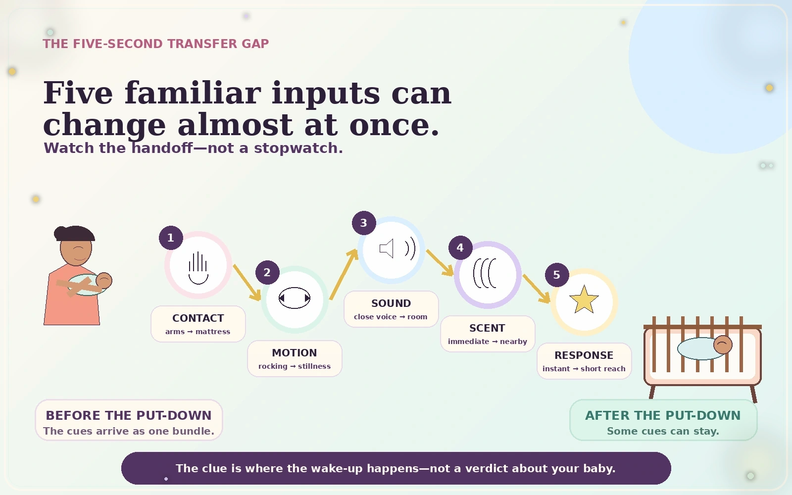 Illustrated path from an awake caregiver holding a baby to a separate crib with five numbered cue nodes labeled contact, motion, sound, scent, and response.