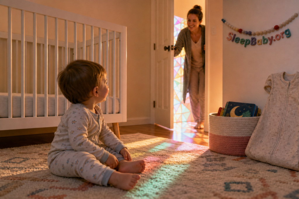 A toddler sees the caregiver reappear through the open doorway after a brief practice separation.